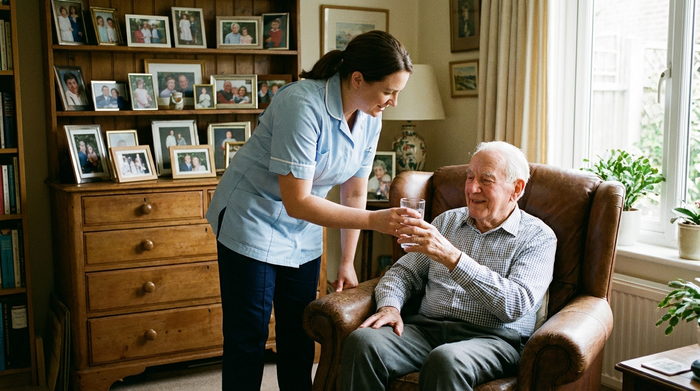 Eine aufmerksame Betreuungskraft reicht einem älteren Herrn ein Glas Wasser, während er bequem in einem Sessel in seinem Wohnzimmer sitzt. Im Hintergrund sind gerahmte Familienfotos auf einer Holzkommode zu sehen.