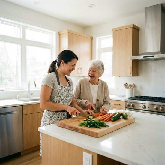 Eine Pflegerin und eine Seniorin kochen gemeinsam in einer modernen, sauberen Küche. Sie schneiden frisches Gemüse auf einem Holzbrett und lachen entspannt miteinander.