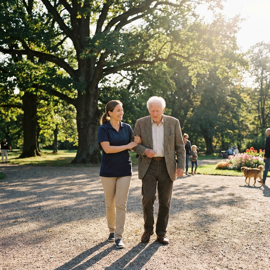 Ein gemeinsamer Spaziergang an einem sonnigen Nachmittag in einem grünen Park. Die Betreuungskraft stützt den Senioren sanft am Arm, während sie unter großen Bäumen spazieren.