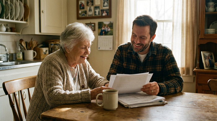 Eine ältere Frau und ihr Sohn sitzen am Küchentisch und betrachten gemeinsam zufrieden einige Dokumente. Eine Tasse Kaffee steht neben ihnen auf dem Tisch.
