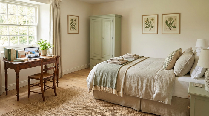 Ein helles, freundlich eingerichtetes Gästezimmer mit einem bequemen Bett, einem Holzschrank und einem kleinen Schreibtisch am Fenster. Auf dem Schreibtisch steht ein aufgeklappter Laptop.
