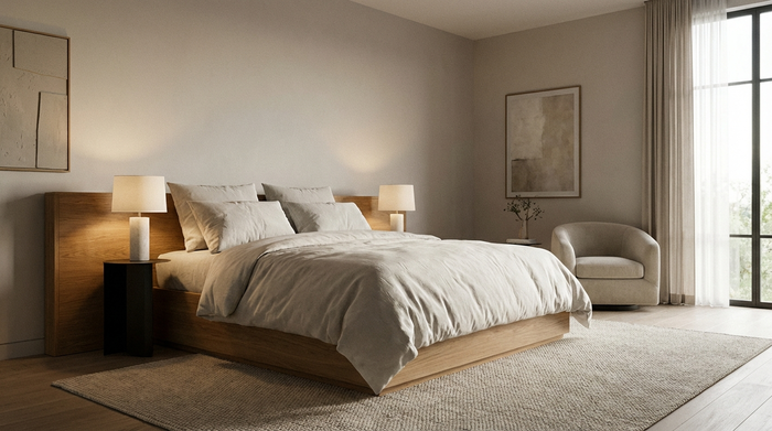 Ein modernes, wohnliches Schlafzimmer mit einem eleganten, holzverkleideten Pflegebett. Das Bett ist ordentlich gemacht mit hellen Kissen. Sanftes Licht, beruhigende Atmosphäre, keine medizinische Krankenhaus-Optik, fotorealistisch.