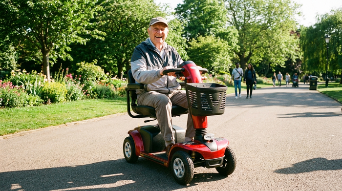 Ein rüstiger Rentner fährt an einem sonnigen Tag mit einem modernen roten Elektromobil auf einem gepflasterten Weg im Park. Grüne Bäume im Hintergrund, fröhliche Stimmung, realistische Fotografie, keine Schriftzüge.