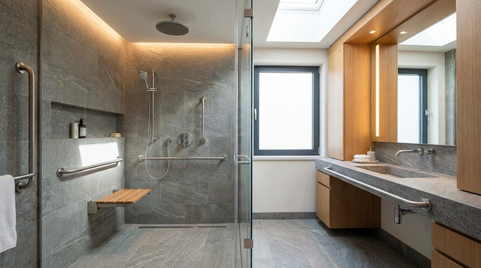 Ein modernes, barrierefreies Badezimmer mit einer bodengleichen Dusche, eleganten Haltegriffen aus Edelstahl und rutschfesten grauen Fliesen. Viel Tageslicht, sauberes und luxuriöses Design, fotorealistisch.