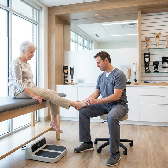 Ein Orthopädietechniker untersucht behutsam den Fuß einer älteren Dame in einem hellen, modernen Behandlungsraum. Realistische, professionelle Szene ohne Text.
