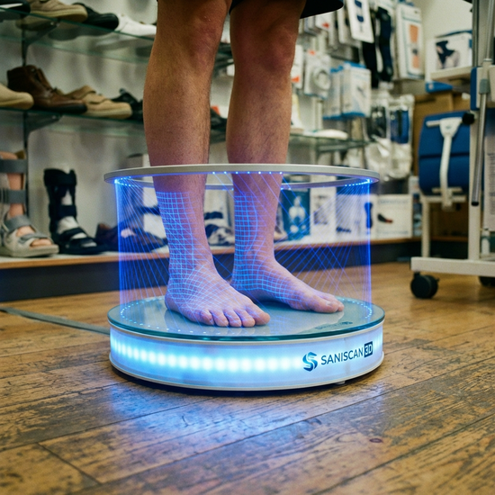 Eine moderne, leuchtende 3D-Scanner-Plattform auf dem Holzboden eines Sanitätshauses, auf der eine Person barfuß steht. Fokus auf die Füße und das blaue Licht.