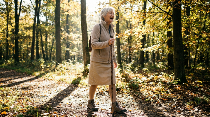 Eine aktive Seniorin spaziert unbeschwert durch einen sonnendurchfluteten Wald, sie trägt unauffällige, perfekt sitzende Kompressionsstrümpfe unter ihrem knielangen Rock.