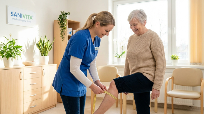 Eine Sanitätshaus-Mitarbeiterin misst am Vormittag mit einem weichen Maßband behutsam den Wadenumfang einer lächelnden Seniorin in einem hellen, freundlichen Zimmer.