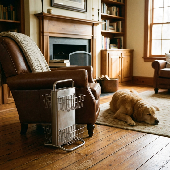 Ein metallisches Anziehgestell für Kompressionsstrümpfe steht bereit auf einem Holzboden neben einem bequemen Sessel in einem gemütlichen Wohnzimmer.