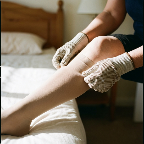 Ein Paar Hände mit speziellen Gumminoppen-Handschuhen streicht sanft einen hellen Kompressionsstrumpf am Unterschenkel faltenfrei glatt.