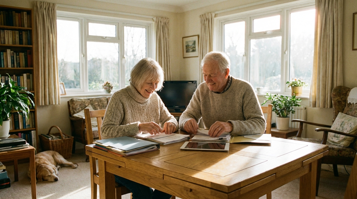 Ein älteres Ehepaar sitzt entspannt an einem aufgeräumten Holztisch im hellen Wohnzimmer und sortiert wichtige Dokumente. Durch das Fenster fällt warmes Sonnenlicht. Gemütliche und ruhige Atmosphäre.
