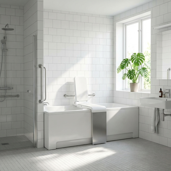 Ein helles, barrierefreies Badezimmer mit einem modernen, sicheren Badewannenlift. Weiße Fliesen, eine grüne Pflanze am Fenster, saubere und sichere Umgebung.
