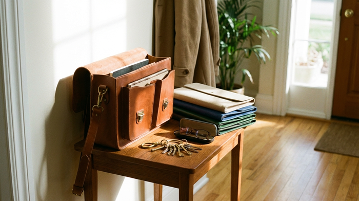 Eine gut organisierte Ledertasche steht auf einem kleinen Flurtisch. Daneben liegen ordentlich sortierte Dokumentenmappen, ein Schlüsselbund und eine Brille, bereit für den Weg nach draußen. Helles Tageslicht.