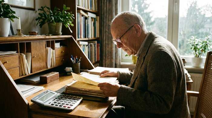 Ein älterer Herr mit Brille sitzt an einem aufgeräumten Schreibtisch und studiert aufmerksam Dokumente, neben ihm liegt ein moderner Taschenrechner. Helles Tageslicht, realistisch, ohne Text.