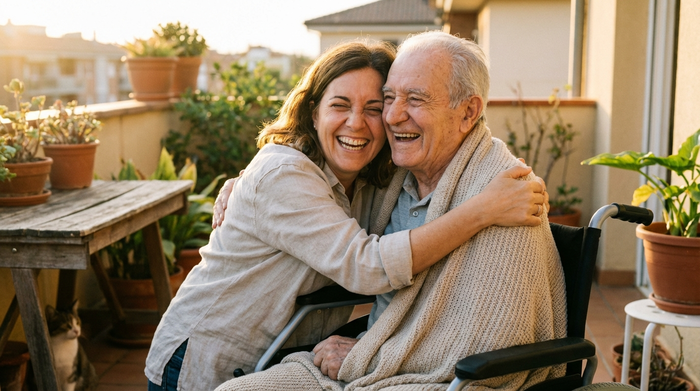 Eine erwachsene Tochter umarmt liebevoll ihren pflegebedürftigen Vater im Rollstuhl auf einer sonnigen Terrasse. Beide lachen glücklich. Warme Farben, hohe Qualität, entspannte Stimmung.