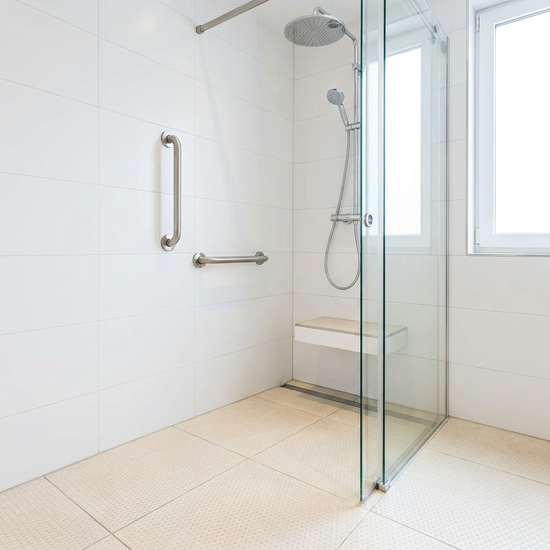 Eine moderne, ebenerdige Dusche in einem hell gefliesten Badezimmer mit stabilen Haltegriffen an der Wand und einem rutschfesten Boden. Sauber, hochwertig, barrierefrei, ohne Text.
