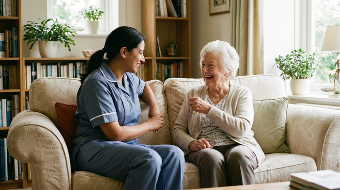 Zwei Frauen sitzen auf einem bequemen Sofa im Gespräch, eine davon in professioneller, dezenter Pflegekleidung, die andere eine ältere Dame. Sie wirken vertraut und sympathisch, helles Wohnzimmer.