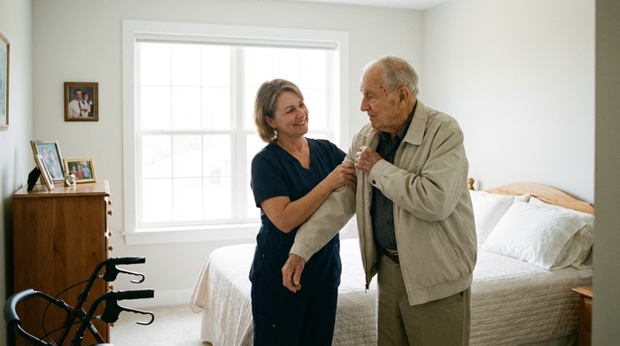 Eine einfühlsame Pflegekraft hilft einem älteren Herrn beim Anziehen einer leichten Jacke im hellen, aufgeräumten Schlafzimmer. Realistische, alltägliche Pflegesituation mit respektvollem Umgang und natürlichem Tageslicht.