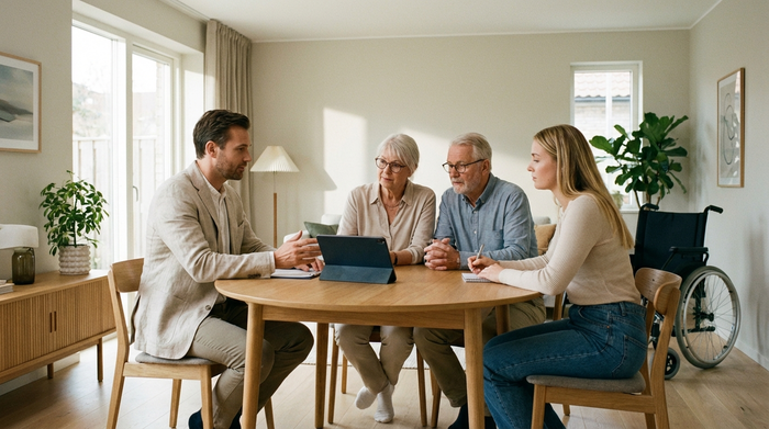 Eine Familie sitzt gemeinsam mit einem Pflegeberater an einem runden Holztisch in einem modernen Wohnzimmer. Der Berater erklärt ruhig und professionell die nächsten Schritte, während die Angehörigen aufmerksam zuhören. Helle, freundliche Raumatmosphäre.