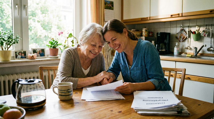 Eine ältere Frau und ihre erwachsene Tochter betrachten gemeinsam lächelnd Unterlagen auf einem Küchentisch. Eine Kaffeetasse steht daneben. Friedliche, erleichterte Stimmung beim Klären der organisatorischen Details.
