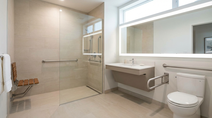 Ein modern umgebautes, barrierefreies Badezimmer mit einer großzügigen, bodengleichen Dusche und dezenten Haltegriffen an den hellen Fliesen. Ein eleganter, klappbarer Duschsitz ist an der Wand montiert. Sauberes, helles und sicheres Design.