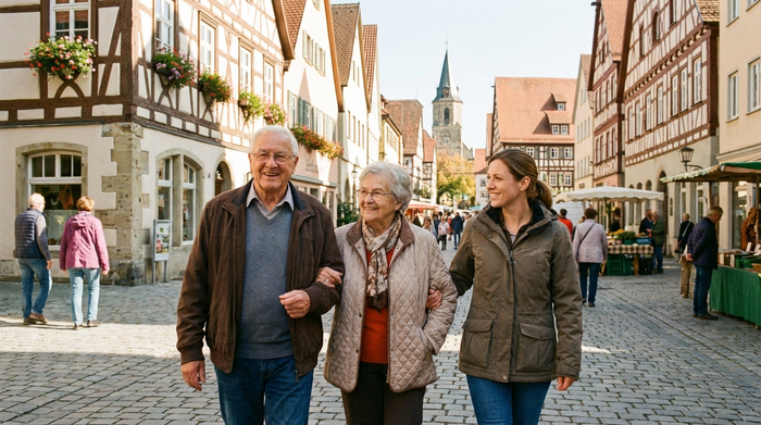 Ein älteres Ehepaar spaziert entspannt mit einer freundlichen Betreuerin durch eine malerische, süddeutsche Altstadt mit Fachwerkhäusern. Sonniges Wetter, saubere Umgebung, realistische Szene ohne Text.
