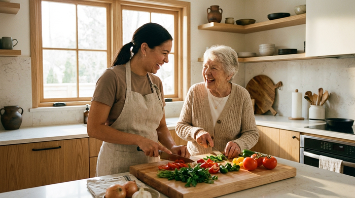 Eine herzliche Betreuerin und eine ältere Dame kochen gemeinsam in einer sauberen, modernen Holzküche. Frisches Gemüse liegt auf dem Schneidebrett. Lachende Gesichter, helle Beleuchtung, fotorealistisch.