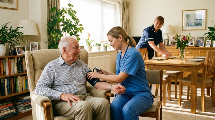 Eine professionelle Pflegefachkraft misst den Blutdruck eines älteren Mannes, während im Hintergrund eine Betreuerin liebevoll den Esstisch deckt. Harmonisches Zusammenwirken, helles Zimmer, realistische Darstellung.