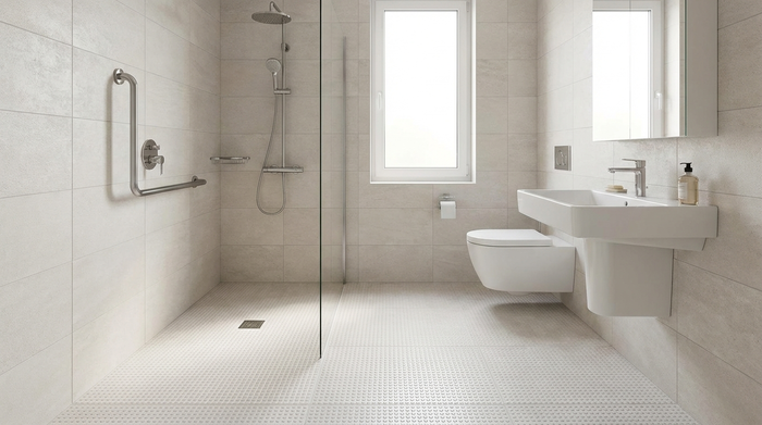 Ein modernes, hell gefliestes, barrierefreies Badezimmer mit einer großzügigen, bodengleichen Dusche. Ein stabiler Haltegriff an der Wand und ein rutschfester Boden. Elegantes Design, sicher und stilvoll, ohne Text.