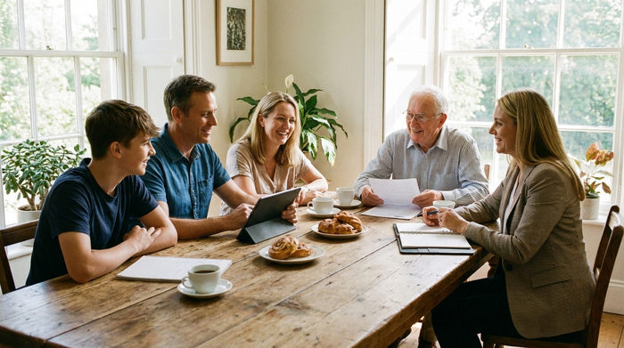 Eine Familie sitzt gemeinsam mit einem älteren Herrn und einer Beraterin an einem großen Holztisch. Sie besprechen entspannt Unterlagen. Warme, vertrauensvolle Atmosphäre, helles Licht, fotorealistisch.
