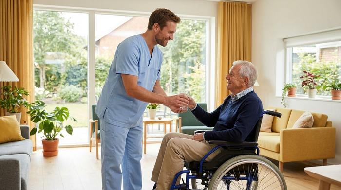Ein freundlicher, professioneller Pfleger in hellblauer Dienstkleidung reicht einem älteren Herrn im Rollstuhl ein Glas Wasser in einem modernen, hellen Pflegeheimzimmer. Große Fenster und freundliche Farben sorgen für eine warme Stimmung.
