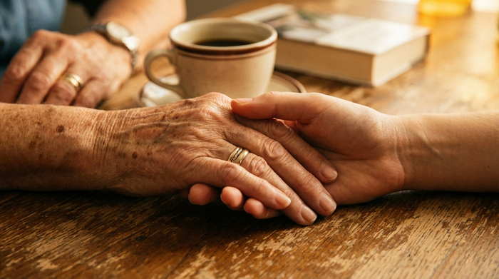 Eine detailreiche Nahaufnahme von zwei Händen, eine jung, eine alt, die behutsam und vertrauensvoll aufeinanderliegen. Im unscharfen Hintergrund erkennt man eine Kaffeetasse auf einem Holztisch. Warme, tröstliche Lichtstimmung.