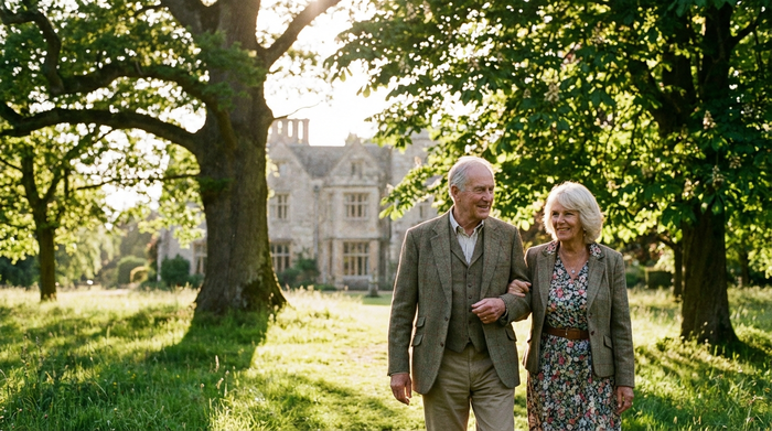 Ein älteres Ehepaar spaziert Arm in Arm durch einen gepflegten grünen Park mit alten Bäumen an einem sonnigen Nachmittag. Im Hintergrund ist leicht verschwommen ein historisches Gebäude zu erkennen.