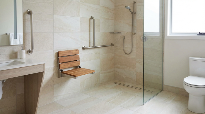 Ein modernes, barrierefreies Badezimmer mit einer großzügigen, ebenerdigen Dusche, eleganten Haltegriffen aus Edelstahl und hellen Fliesen. Ein klappbarer Duschsitz ist sicher an der Wand montiert.