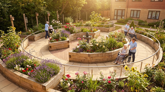 Ein sicherer, liebevoll angelegter Demenzgarten mit rollstuhlgerechten Hochbeeten, bunten Blumen wie Lavendel und einem gepflasterten Rundweg an einem sonnigen Nachmittag.
