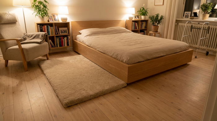 Ein modernes, tief abgesenktes Niedrigflurbett in einem gemütlich eingerichteten Seniorenzimmer. Neben dem Bett liegt eine weiche Sturzmatte auf dem hellen Holzboden.