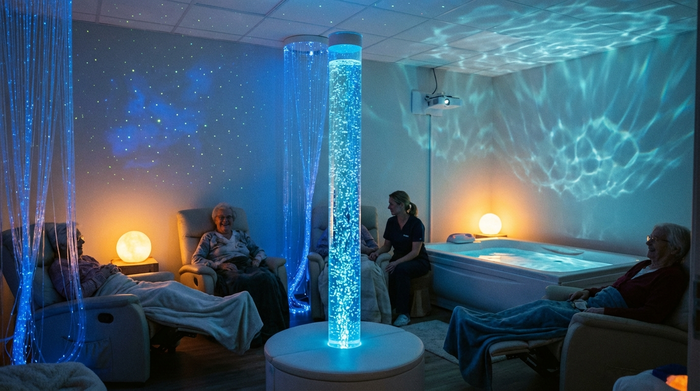 Ein sanft beleuchteter Snoezelen-Raum mit einer leuchtenden Wassersäule, bequemen Liegemöbeln und beruhigenden blauen Lichteffekten. Eine friedliche, entspannende Umgebung für Senioren.