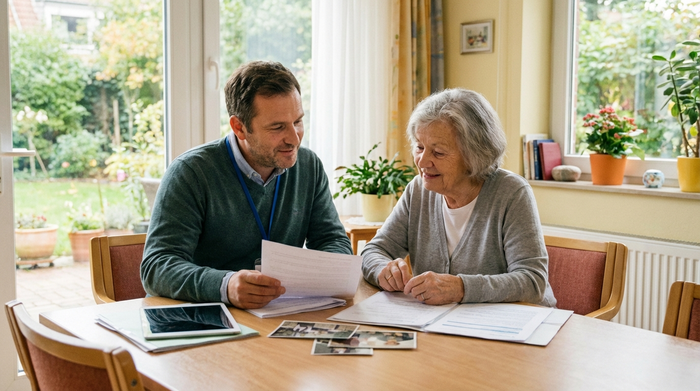 Ein freundlicher Sozialarbeiter im Gespräch mit einer älteren Dame in einem hellen Krankenhauszimmer, beide betrachten aufmerksam einige Unterlagen auf dem Tisch.