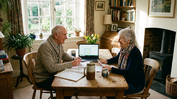 Ein älteres Ehepaar sitzt entspannt an einem Holztisch und bespricht ruhig ihre Finanzen, eine Tasse Kaffee steht neben ihnen im gemütlichen Esszimmer.