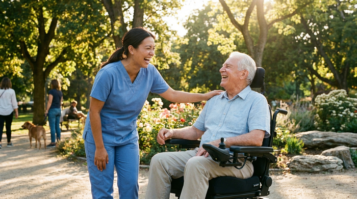 Eine herzliche, professionelle Pflegekraft in blauer Berufskleidung lacht gemeinsam mit einem fröhlichen Senior, der in einem modernen Elektrorollstuhl im sonnigen Park sitzt.