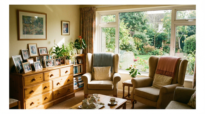 Ein helles, liebevoll eingerichtetes Zimmer in einer Seniorenresidenz mit bequemen Sesseln, persönlichen Familienfotos auf der Kommode und großen Fenstern mit Blick ins Grüne.