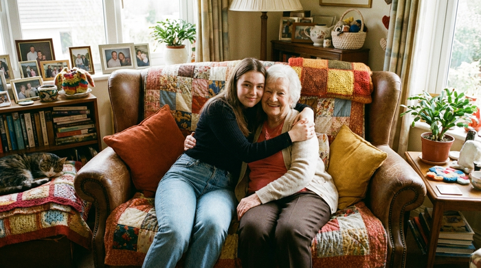 Eine junge Frau umarmt ihre lächelnde Großmutter in einem gemütlichen Sessel, umgeben von vertrauten Gegenständen und weichen Kissen in warmen Farben.