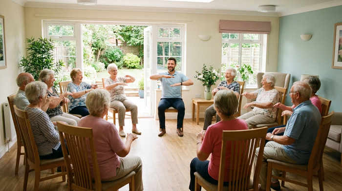 Ältere Menschen bei leichter Sitzgymnastik in einem hellen, freundlichen Raum. Ein Therapeut macht die Übungen vor. Realistische, positive Atmosphäre, sauberes Umfeld, keine Schriften.