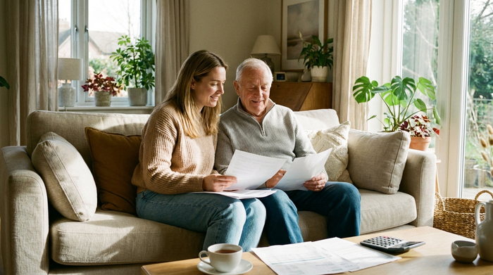 Eine erwachsene Tochter und ihr älterer Vater sitzen entspannt auf einem Sofa und schauen lächelnd Unterlagen an. Ein Gefühl von Erleichterung und finanzieller Sicherheit. Heller Wohnraum.