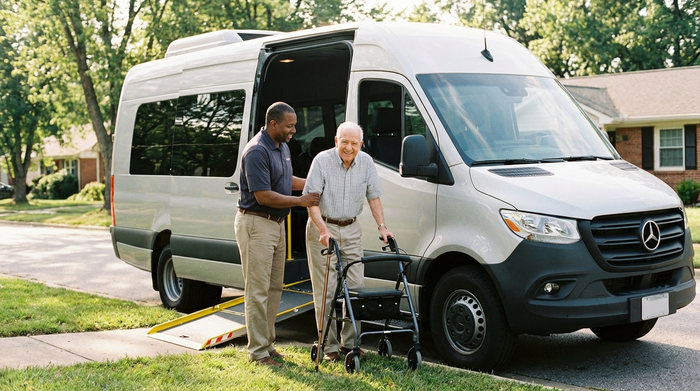 Ein freundlicher Fahrer hilft einem lächelnden Senior beim Einsteigen in einen modernen, sauberen Kleinbus. Sonniges Wetter, sichere und fürsorgliche Umgebung, keine lesbaren Kennzeichen.