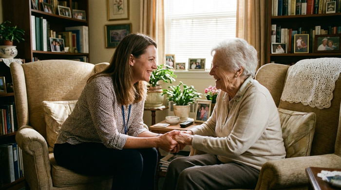 Eine einfühlsame Pflegeberaterin im Gespräch mit einer älteren Dame in einem gemütlichen Büro. Beide lächeln. Warme, vertrauensvolle Stimmung, keine sichtbaren Texte.