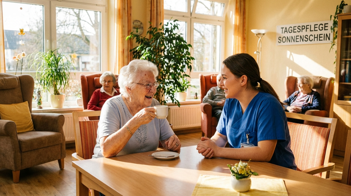 Eine ältere Dame sitzt entspannt an einem Tisch und trinkt Kaffee, während sie sich angeregt mit einer Pflegekraft unterhält. Heller, freundlicher Aufenthaltsraum einer Tagespflegeeinrichtung, sonnendurchflutet, gemütliche Atmosphäre.