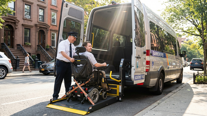 Ein hilfsbereiter Fahrer sichert professionell einen Rollstuhl über eine flache Rampe im Heck eines geräumigen Transportbusses. Fokus auf Sicherheit und Barrierefreiheit, sonniger Tag, städtische Wohngegend.