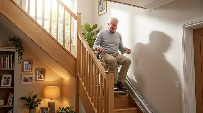 Ein rüstiger Senior fährt sicher auf einem modernen Treppenlift eine gut beleuchtete Holztreppe in einem gepflegten Einfamilienhaus hinab. Gemütliche und sichere Wohnatmosphäre, Fokus auf häusliche Mobilität.