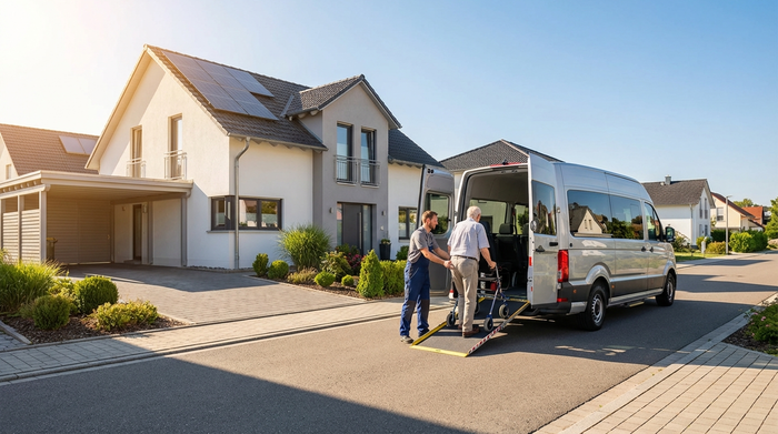 Ein moderner, rollstuhlgerechter Kleinbus hält vor einem gepflegten Einfamilienhaus. Ein freundlicher Fahrer hilft einem älteren Herrn mit Rollator behutsam beim Einsteigen. Sonniges Wetter, realistische Vorstadtszene in Deutschland, saubere Umgebung ohne Schriftzüge.